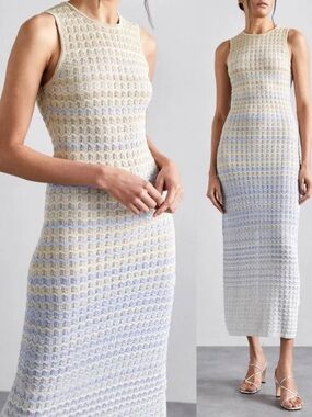 Caroline Constas Knit Maxi Dress in Cream and Light Blue